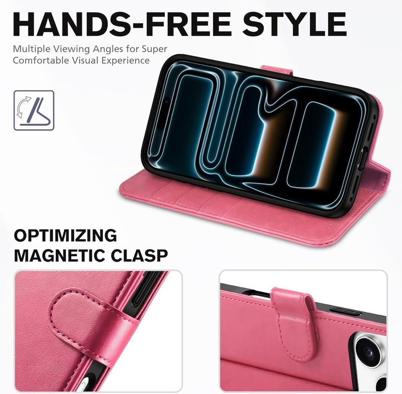 TUCCH Wallet Case for iPhone 17 Pro Max (6.9") 2025, 4 Card Slots | RFID Blocking | Stand | Shockproof TPU Shell | PU Leather | Magnetic Closure | Protective Flip Folio Cover | Hot Pink - Image 4